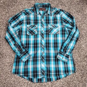 Rock & Roll Cowboy Western Blue Black Plaid Long Sleeve Pearl Snap Mens Xl Rodeo
